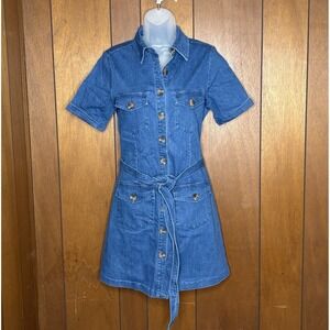 Sugar + Lips Denim Shirt Dress Women M Blue Belted Button Utility Western Retro